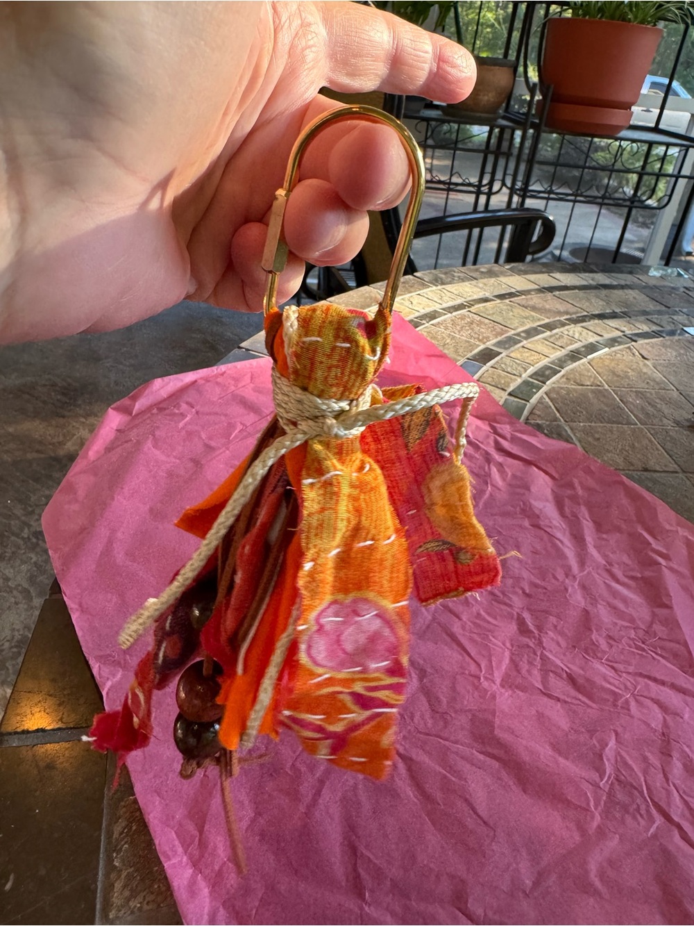 Boho Orange Fabric Tassel Keychain/Putse Charm with Beads